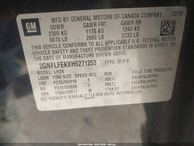 Aukcja sprzedaży 2017 Chevrolet Equinox Lt, vin: 2GNFLFEKXH6271253, numer aukcji: 45047696