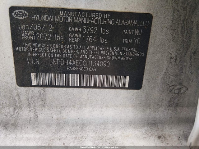 Aukcja sprzedaży 2012 Hyundai Elantra Gls, vin: 5NPDH4AE0CH134090, numer aukcji: 45047706