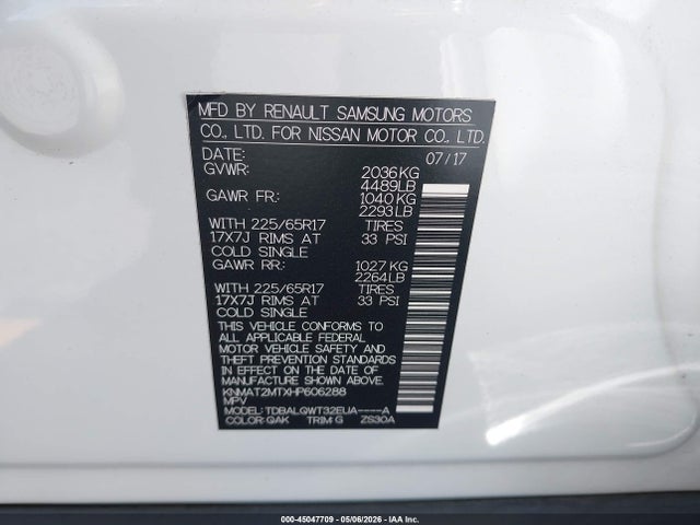 Продаж на аукціоні авто 2017 Nissan Rogue Sv, vin: KNMAT2MTXHP606288, номер лоту: 45047709