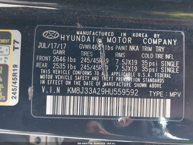 45047718 :رقم المزاد ، KM8J33A29HU559592 vin ، 2017 Hyundai Tucson Value مزاد بيع