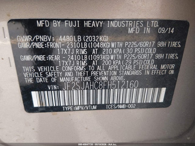 45047720 :رقم المزاد ، JF2SJAHC8FH512160 vin ، 2015 Subaru Forester 2.5i Limited مزاد بيع