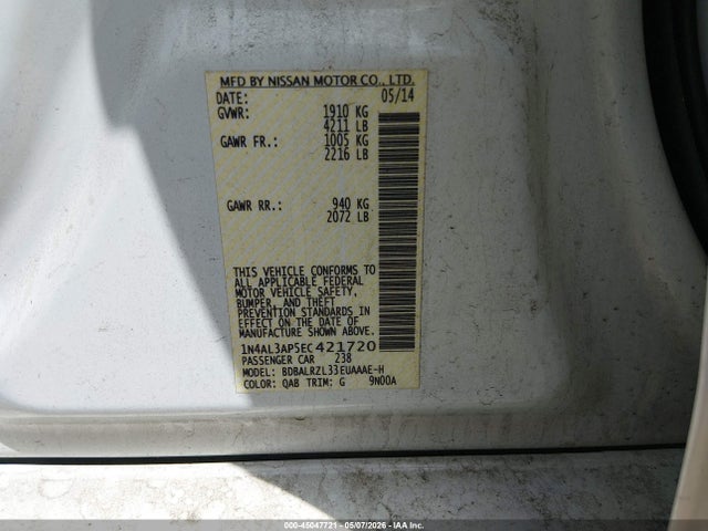 Продаж на аукціоні авто 2014 Nissan Altima 2.5 S, vin: 1N4AL3AP5EC421720, номер лоту: 45047721