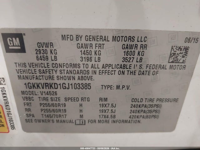 Aukcja sprzedaży 2016 Gmc Acadia Slt-1, vin: 1GKKVRKD1GJ103385, numer aukcji: 45047723