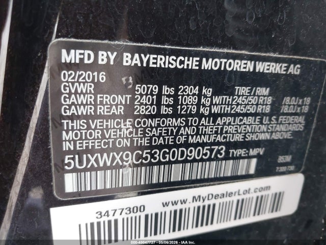 45047727 :رقم المزاد ، 5UXWX9C53G0D90573 vin ، 2016 Bmw X3 Xdrive28i مزاد بيع