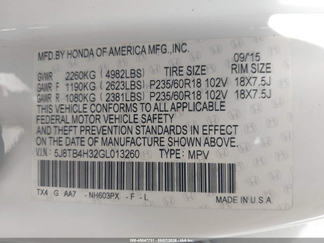 2016 Acura Rdx Acurawatch Plus Package მანქანა იყიდება აუქციონზე, vin: 5J8TB4H32GL013260, აუქციონის ნომერი: 45047731