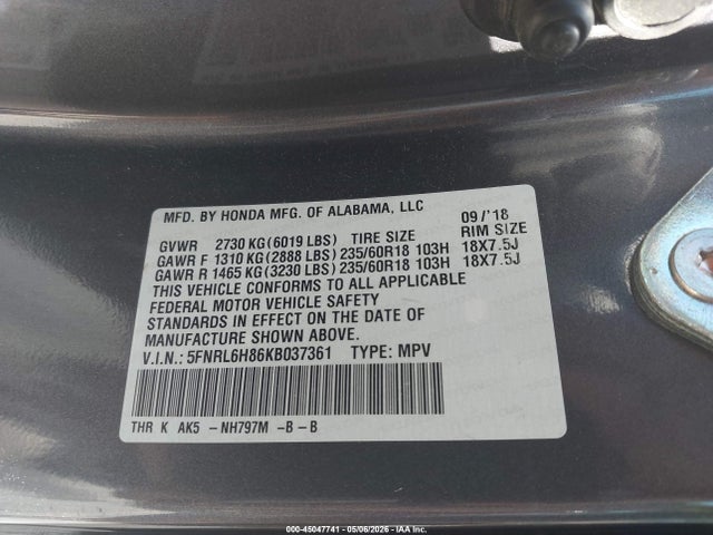5FNRL6H86KB037361 Honda Odyssey Touring