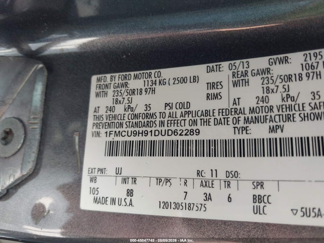 2013 Ford Escape Sel მანქანა იყიდება აუქციონზე, vin: 1FMCU9H91DUD62289, აუქციონის ნომერი: 45047745