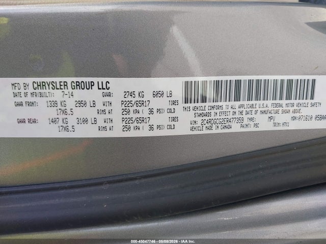 45047746 :رقم المزاد ، 2C4RDGCG2ER477359 vin ، 2014 Dodge Grand Caravan Sxt مزاد بيع