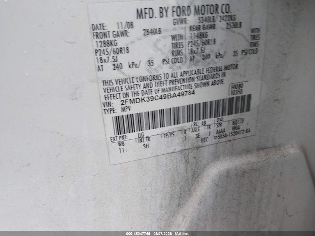 45047749 :رقم المزاد ، 2FMDK39C49BA49784 vin ، 2009 Ford Edge Limited مزاد بيع