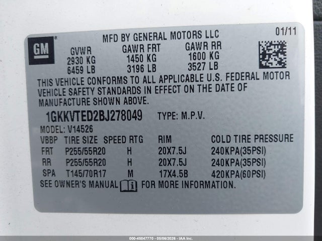 Aukcja sprzedaży 2011 Gmc Acadia Denali, vin: 1GKKVTED2BJ278049, numer aukcji: 45047770