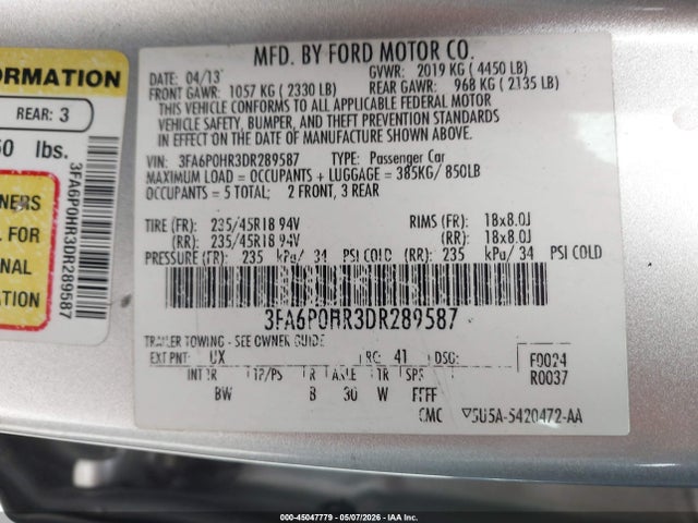 Aukcja sprzedaży 2013 Ford Fusion Se, vin: 3FA6P0HR3DR289587, numer aukcji: 45047779