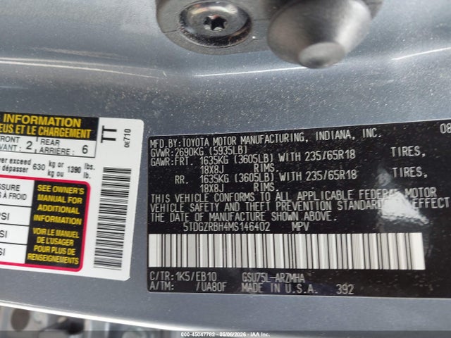 45047782 :رقم المزاد ، 5TDGZRBH4MS146402 vin ، 2021 Toyota Highlander Xle مزاد بيع