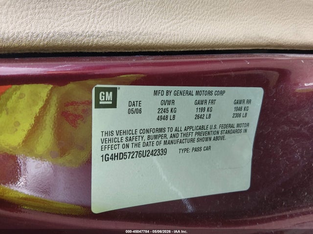 2006 Buick Lucerne Cxl მანქანა იყიდება აუქციონზე, vin: 1G4HD57276U242339, აუქციონის ნომერი: 45047784
