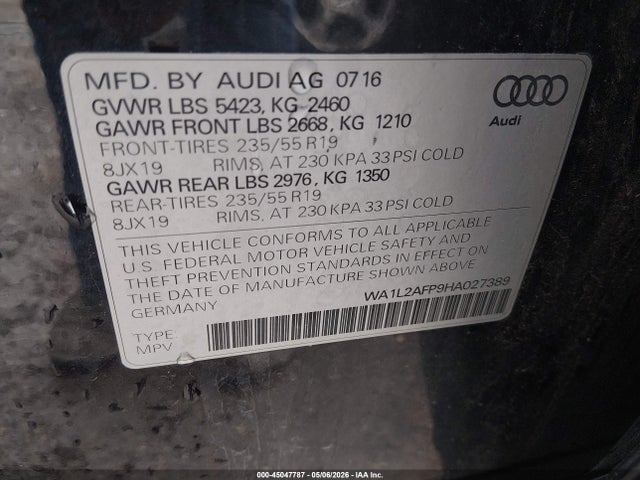 45047787 :رقم المزاد ، WA1L2AFP9HA027389 vin ، 2017 Audi Q5 2.0t Premium مزاد بيع