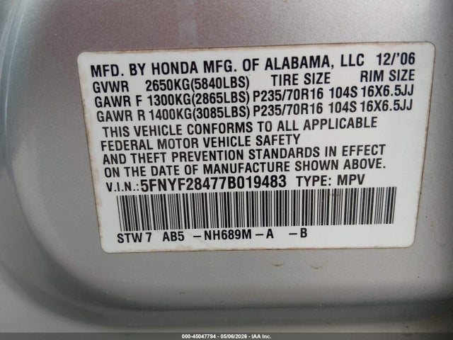 45047794 :رقم المزاد ، 5FNYF28477B019483 vin ، 2007 Honda Pilot Ex مزاد بيع