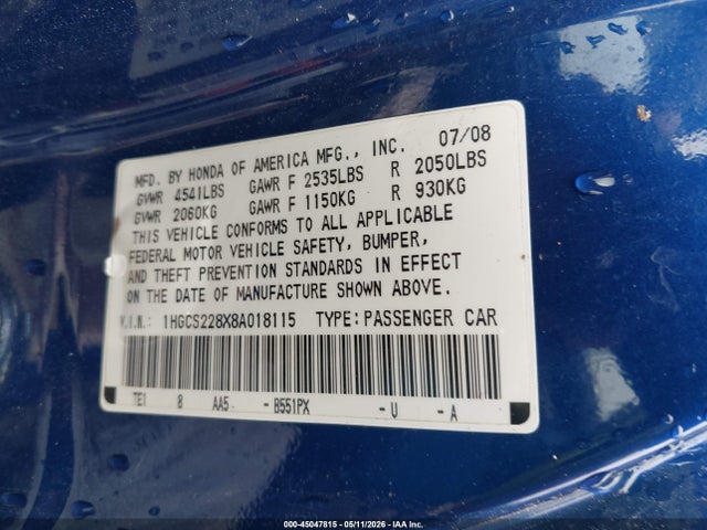 2008 Honda Accord 3.5 Ex-l მანქანა იყიდება აუქციონზე, vin: 1HGCS228X8A018115, აუქციონის ნომერი: 45047815