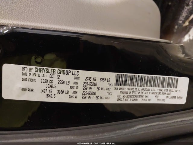 45047829 :رقم المزاد ، 2C4RDGBG4DR543765 vin ، 2013 Dodge Grand Caravan American Value Pkg مزاد بيع