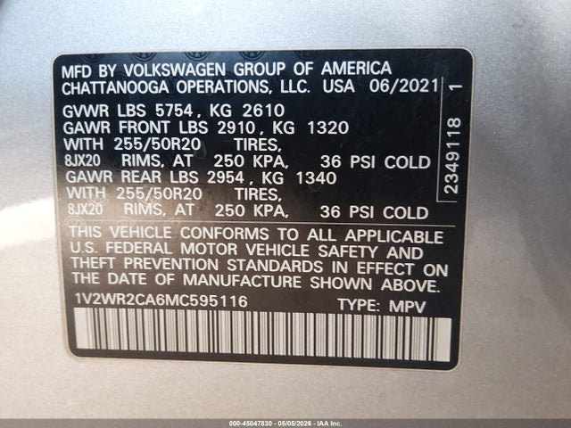 Aukcja sprzedaży 2021 Volkswagen Atlas 3.6l V6 Se W/technology, vin: 1V2WR2CA6MC595116, numer aukcji: 45047830