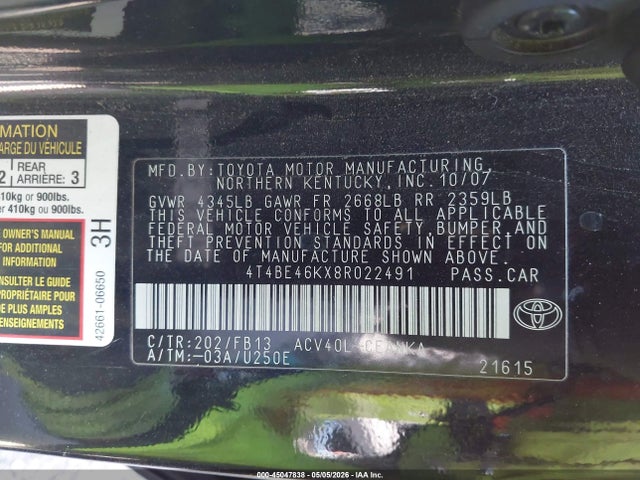 Продажа на аукционе авто 2008 Toyota Camry, vin: 4T4BE46KX8R022491, номер лота: 45047838