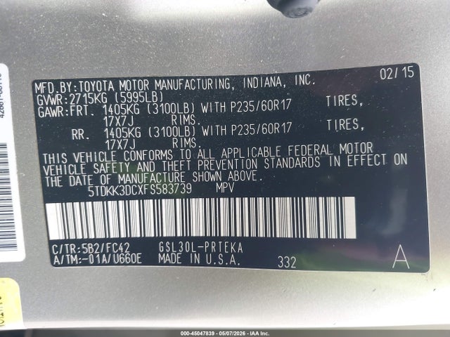 2015 Toyota Sienna Le 8 Passenger მანქანა იყიდება აუქციონზე, vin: 5TDKK3DCXFS583739, აუქციონის ნომერი: 45047839