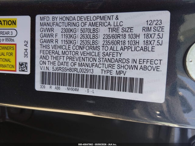 45047862 :رقم المزاد ، 5J6RS5H80RL002913 vin ، 2024 Honda Cr-v Hybrid Sport-l مزاد بيع