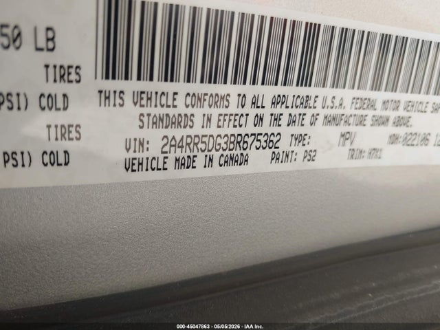 2011 Chrysler Town & Country Touring მანქანა იყიდება აუქციონზე, vin: 2A4RR5DG3BR675362, აუქციონის ნომერი: 45047863