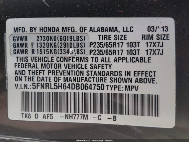 2013 Honda Odyssey Ex-l მანქანა იყიდება აუქციონზე, vin: 5FNRL5H64DB064750, აუქციონის ნომერი: 45047870
