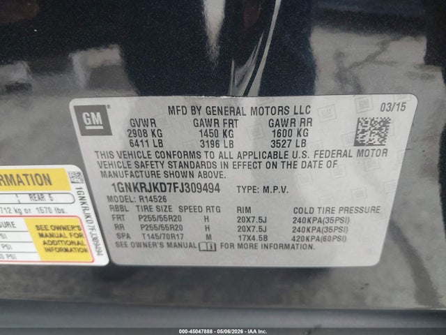 Продажа на аукционе авто 2015 Chevrolet Traverse Ltz, vin: 1GNKRJKD7FJ309494, номер лота: 45047888