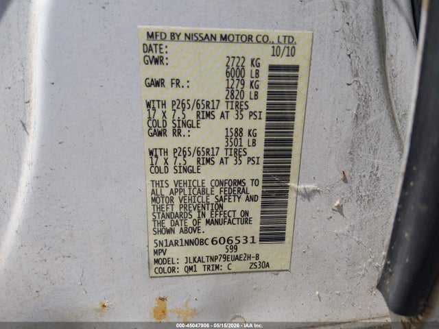 Продажа на аукционе авто 2011 Nissan Pathfinder Silver, vin: 5N1AR1NN0BC606531, номер лота: 45047906