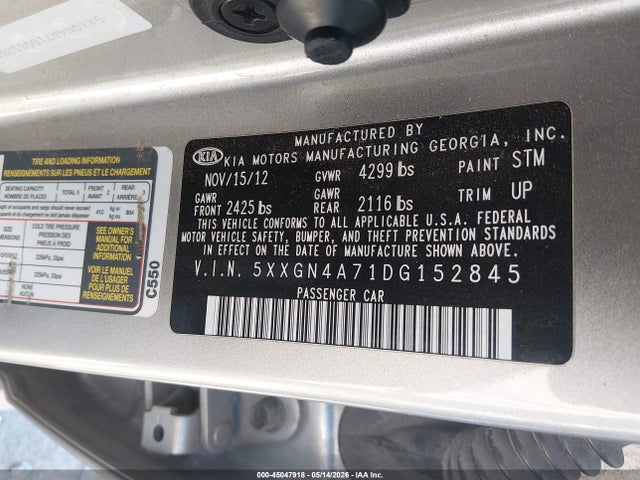 2013 Kia Optima Ex მანქანა იყიდება აუქციონზე, vin: 5XXGN4A71DG152845, აუქციონის ნომერი: 45047918