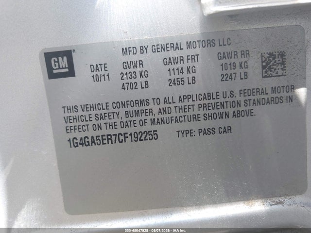 Продаж на аукціоні авто 2012 Buick Lacrosse, vin: 1G4GA5ER7CF192255, номер лоту: 45047929