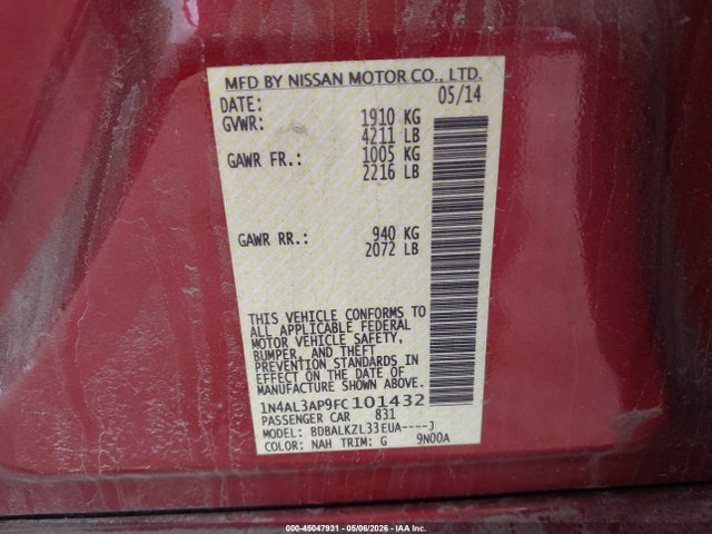 2015 Nissan Altima 2.5 Sv მანქანა იყიდება აუქციონზე, vin: 1N4AL3AP9FC101432, აუქციონის ნომერი: 45047931