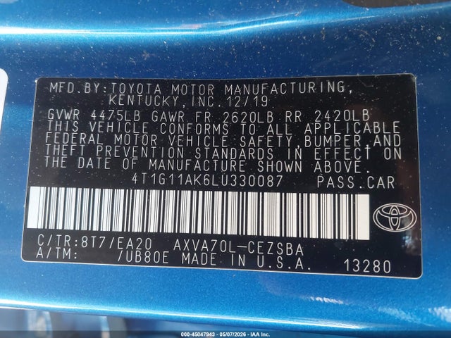 Продажа на аукционе авто 2020 Toyota Camry Se, vin: 4T1G11AK6LU330087, номер лота: 45047943