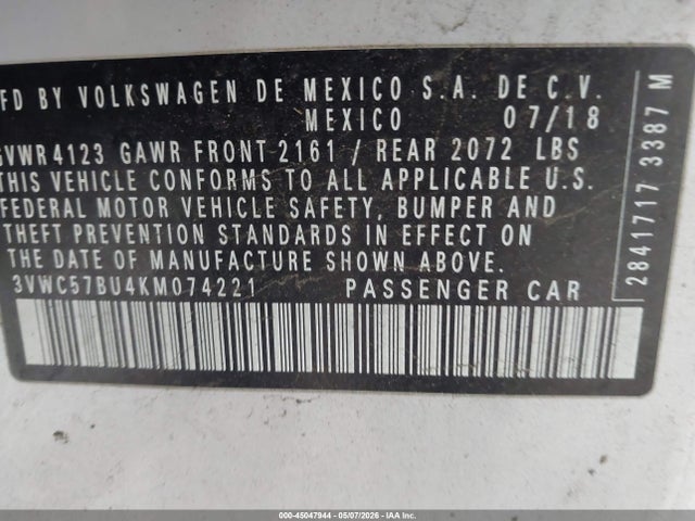 45047944 :رقم المزاد ، 3VWC57BU4KM074221 vin ، 2019 Volkswagen Jetta 1.4t R-line/1.4t S/1.4t Se مزاد بيع