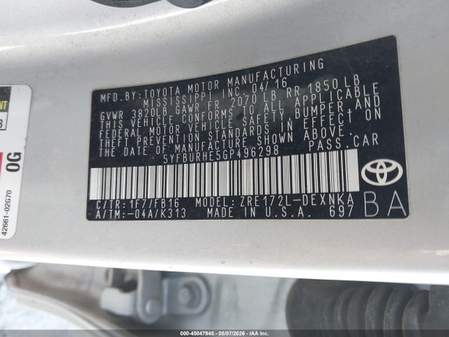 Продаж на аукціоні авто 2016 Toyota Corolla Le, vin: 5YFBURHE5GP496298, номер лоту: 45047945
