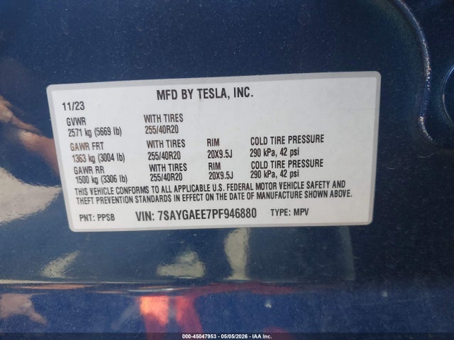 Продаж на аукціоні авто 2023 Tesla Model Y Awd/long Range Dual Motor All-wheel Drive, vin: 7SAYGAEE7PF946880, номер лоту: 45047953