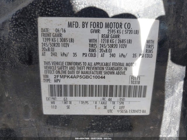 45047958 :رقم المزاد ، 2FMPK4AP5GBC10044 vin ، 2016 Ford Edge Sport مزاد بيع