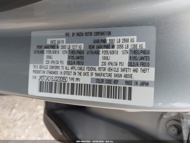 Продажа на аукционе авто 2018 Mazda Cx-9 Touring, vin: JM3TCACY8J0230650, номер лота: 45047962
