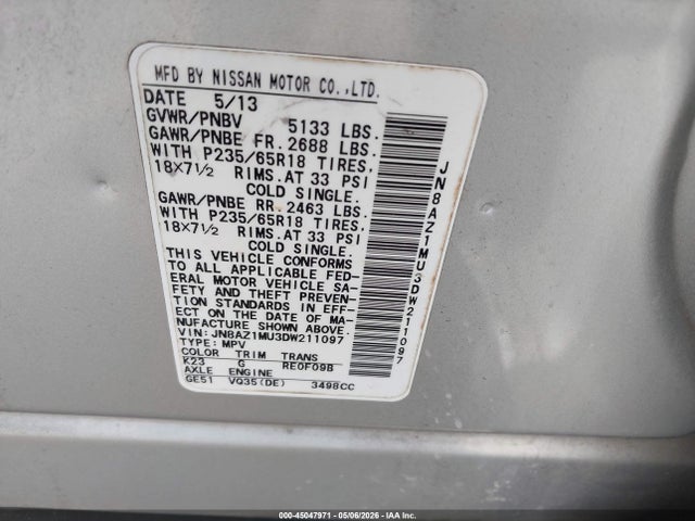 Aukcja sprzedaży 2013 Nissan Murano S, vin: JN8AZ1MU3DW211097, numer aukcji: 45047971