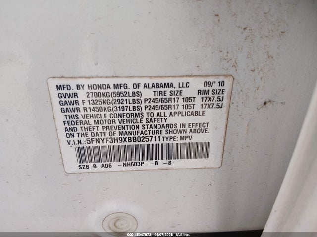 Продаж на аукціоні авто 2011 Honda Pilot Touring, vin: 5FNYF3H9XBB025711, номер лоту: 45047973