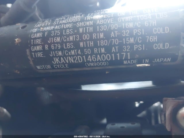2006 Kawasaki Vn900 D მანქანა იყიდება აუქციონზე, vin: JKAVN2D146A001171, აუქციონის ნომერი: 45047992