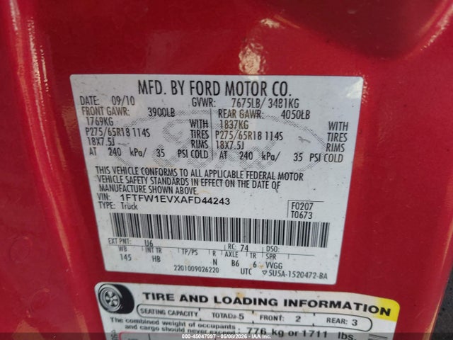 Продажа на аукционе авто 2010 Ford F-150 Fx4/harley-davidson/king Ranch/lariat/platinum/xl/xlt, vin: 1FTFW1EVXAFD44243, номер лота: 45047997