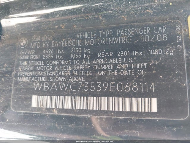 Продаж на аукціоні авто 2009 Bmw 335i Xdrive, vin: WBAWC73539E068114, номер лоту: 45048015