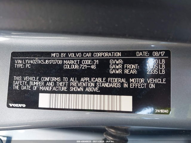 Продажа на аукционе авто 2018 Volvo S60 Inscription T5, vin: LYV402TK5JB170708, номер лота: 45048025