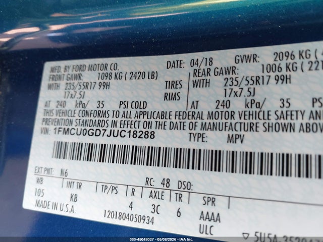 2018 Ford Escape Se მანქანა იყიდება აუქციონზე, vin: 1FMCU0GD7JUC18288, აუქციონის ნომერი: 45048027