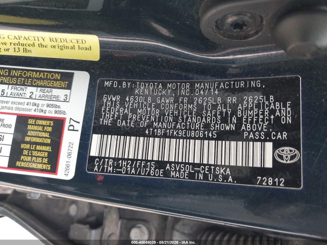 45048039 :رقم المزاد ، 4T1BF1FK9EU806145 vin ، 2014 Toyota Camry Se مزاد بيع