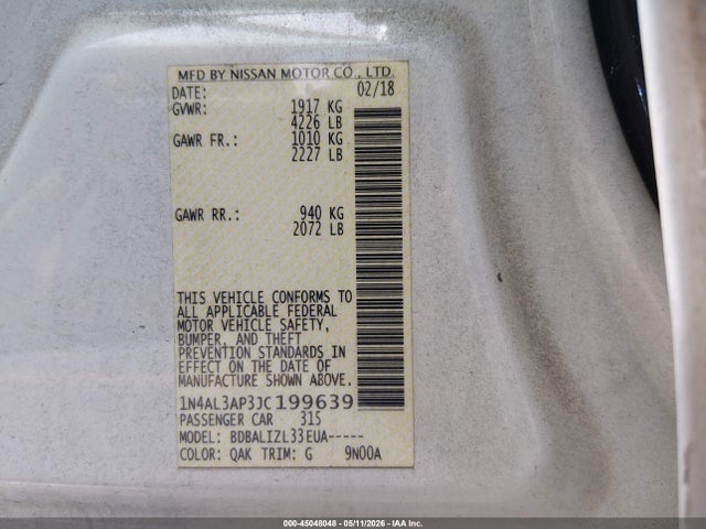 Продаж на аукціоні авто 2018 Nissan Altima 2.5 Sv, vin: 1N4AL3AP3JC199639, номер лоту: 45048048