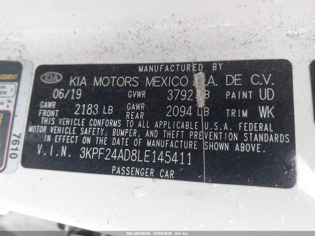 Aukcja sprzedaży 2020 Kia Forte Lxs, vin: 3KPF24AD8LE145411, numer aukcji: 45048056