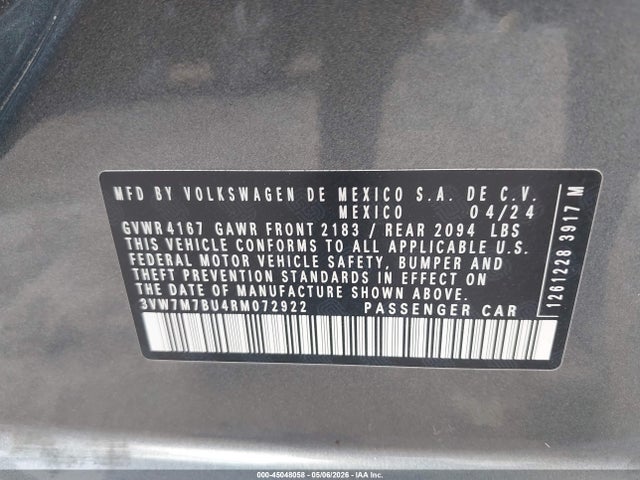 Продаж на аукціоні авто 2024 Volkswagen Jetta 1.5t Se, vin: 3VW7M7BU4RM072922, номер лоту: 45048058