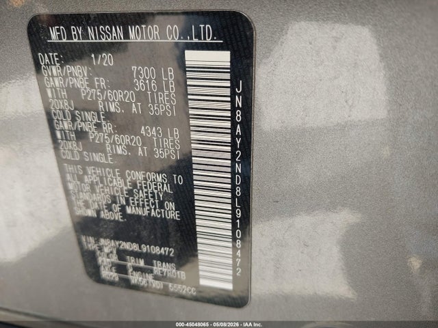 45048065 :رقم المزاد ، JN8AY2ND8L9108472 vin ، 2020 Nissan Armada Sl 2wd مزاد بيع